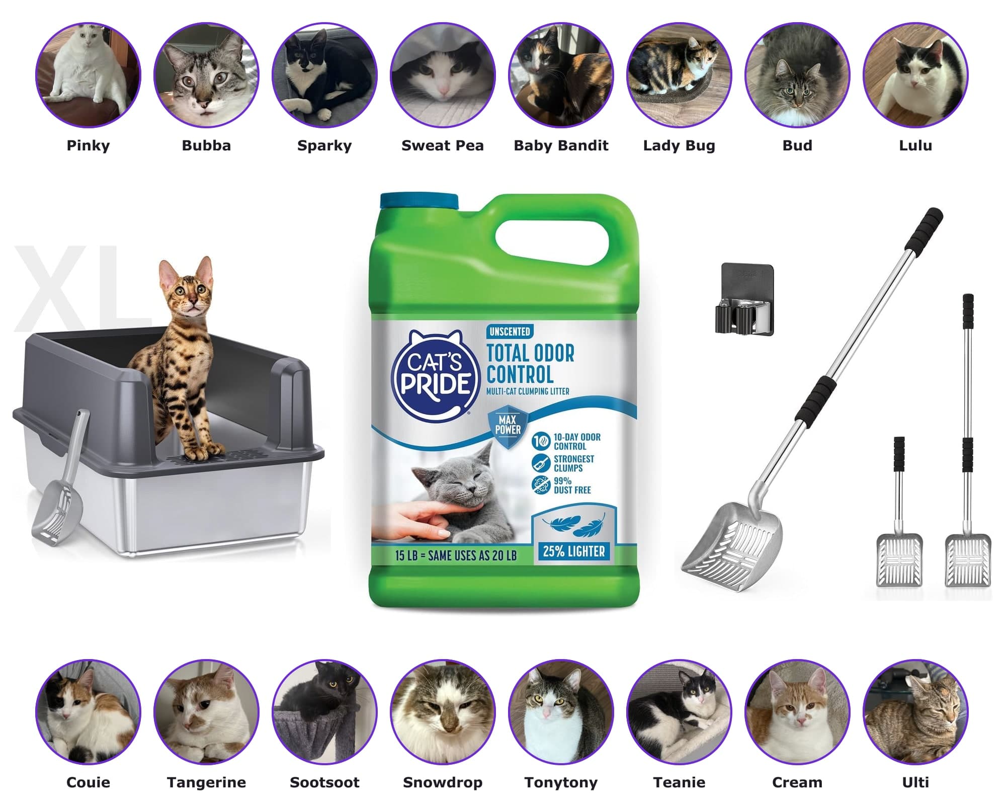 A collage of the three litter box products this house actually uses -- a stainless steel XL high-sided litter box, a jug of Cat's Pride Total Odor Control unscented clumping litter, and a long-handled metal litter scoop -- framed above and below by circular photos of 16 of the cats who use them: Pinky, Bubba, Sparky, Sweat Pea, Baby Bandit, Lady Bug, Bud, Lulu, Couie, Tangerine, Sootsoot, Snowdrop, Tonytony, Teanie, Cream, and Ulti.